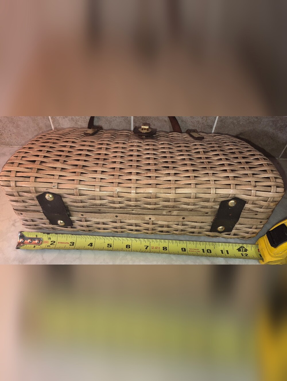 Vintage Handmade Basket Wicker & Leather Purse ,1950s-1960s, Made In Hong Kong - Picture 7 of 8